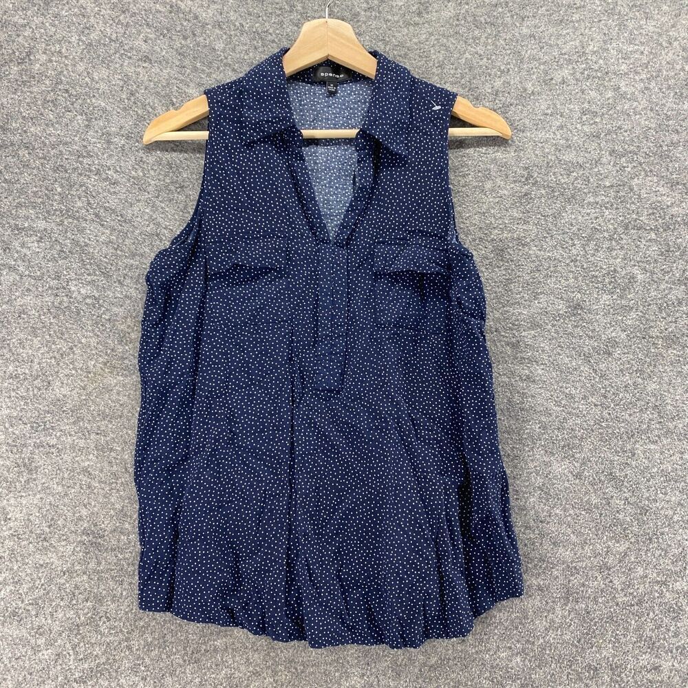 Spense Blouse Women M Medium Blue Polka Dot Collared Sleeveless Wide Strap